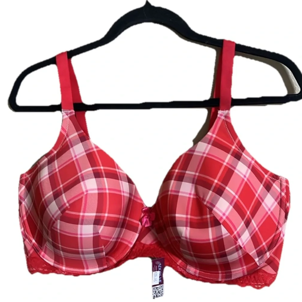 2/$24 Adore Me Bra Kati Sz Various Red Plaid Lace/Bow Detail Underwire Feminine